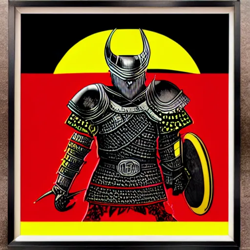 Prompt: mork borg, armored vikings coming out of red waves, graphic, black and yellow, intricate, ultra detailed