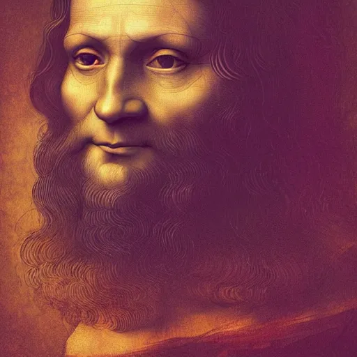 Prompt: A beautiful portrait of Leonardo Da Vinci wearing jeans and on an psychedelic retreat in Miami, portrait, elegant, intricate, digital painting, artstation, concept art, sharp focus, illustration