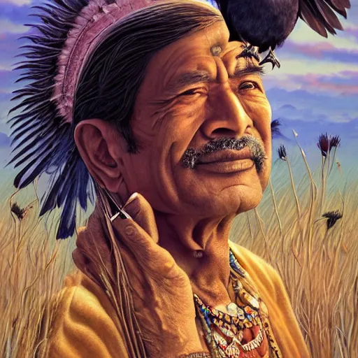 Image similar to n elderly indian don juan is sitting in a field with peyote and smoking a pipe, a raven walks next to him, by miho hirano, ross tran and ilya kuvshinov, realistic, detailed, beautiful fantasy detailed trending on artstation, oil painting, dramatic lighting, eterea, high quality print, fine art with subtle redshift rendering