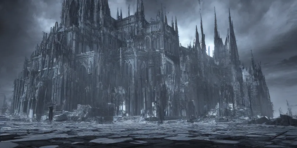 Image similar to grimdark tsutomu nihei aposimz gothic cathedral city, unreal engine, 8 k, ultra realistic, ultra detail