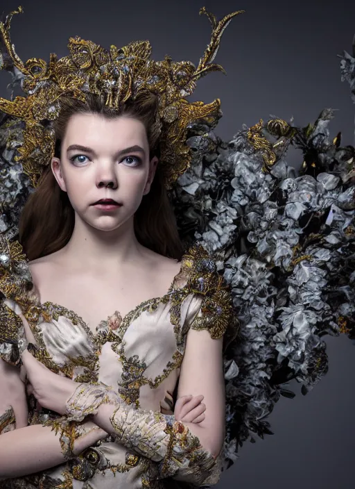 Image similar to full body environmental portrait photo of anya taylor - joy as angel, ornate headpiece made from flowers, ornaments, glamour shot by gemmy woud - binnendijk, chris knight, photorealistic, canon r 3, fashion photography, ornate, elegant, luxury and elite, symmetrical features, octane render, unreal engine, solid dark grey background, dramatic lights