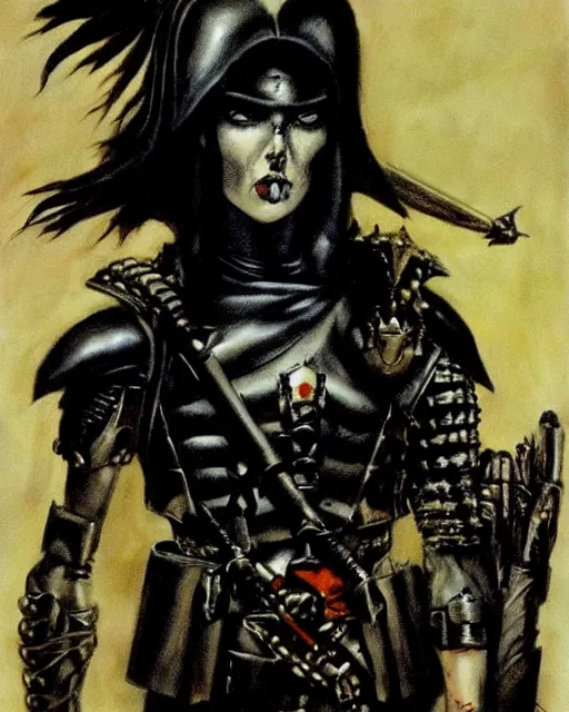 Prompt: portrait of a skinny punk goth soldier wearing armor by simon bisley, john blance, frank frazetta, fantasy, sorceror