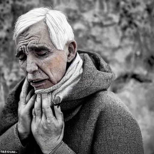 Image similar to biblical God , white grey hair , orange scarf , old man from the sky, is crying in tears and is very sad and sorrow , after creating humans