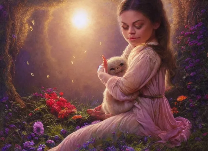 Image similar to Mila Kunis staring into the camera singing a lullaby, fireflies, full moon, Lilia Alvarado, Sophie Anderson, Mark Arian, Bob Byerley, Charlie Bowater, Mark Brooks, Steve Henderson, Justin Gerard, Arthur Hughes, Edward Robert Hughes, Mark Keathley, Victor Nizovtsev, Carlos Shwabe, Ross Tran, WLOP