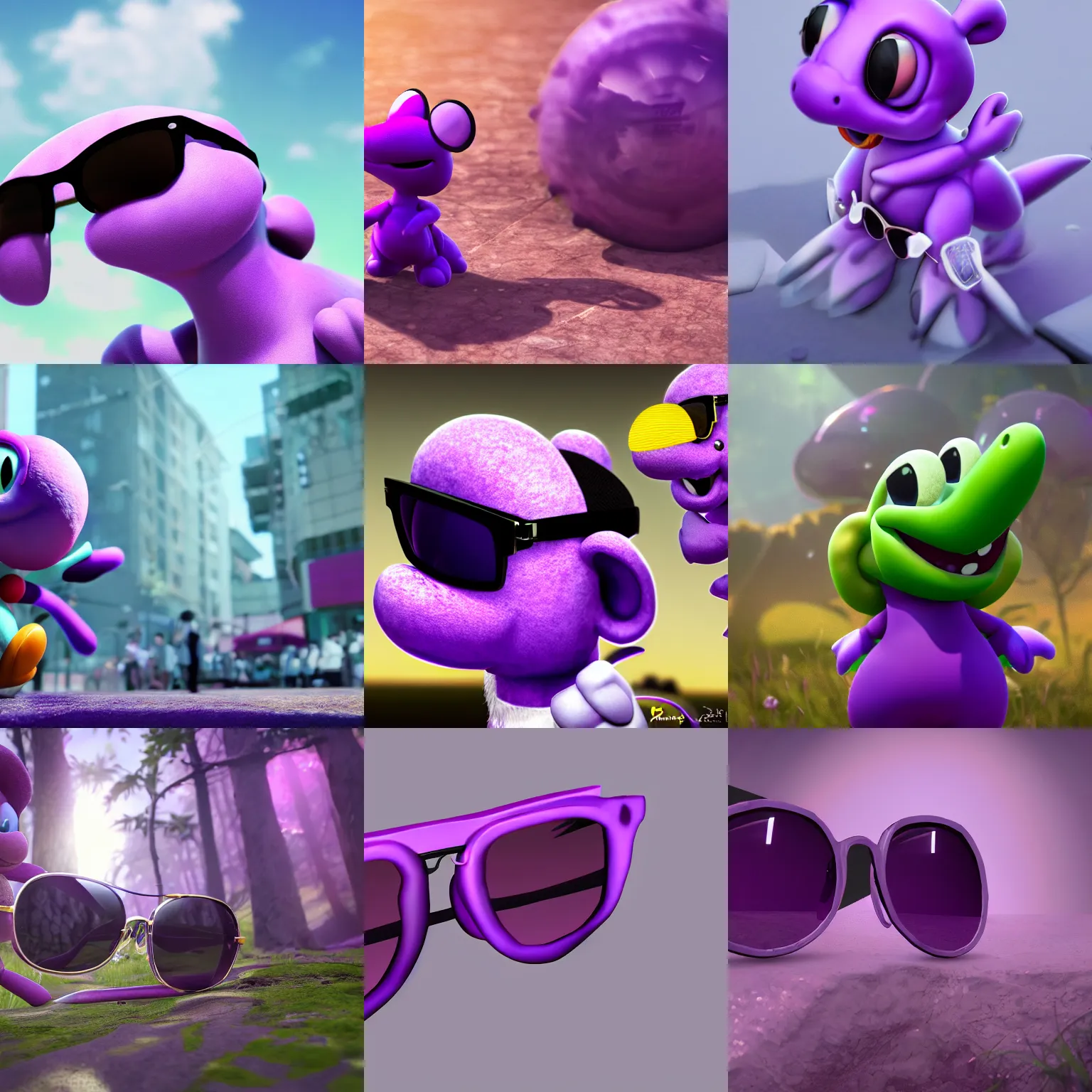 Prompt: cinematography picture of purple yoshi, with sunglasses, cool cloths, unreal engine, highly detailed, hyperrealistic, ps 5, artstation