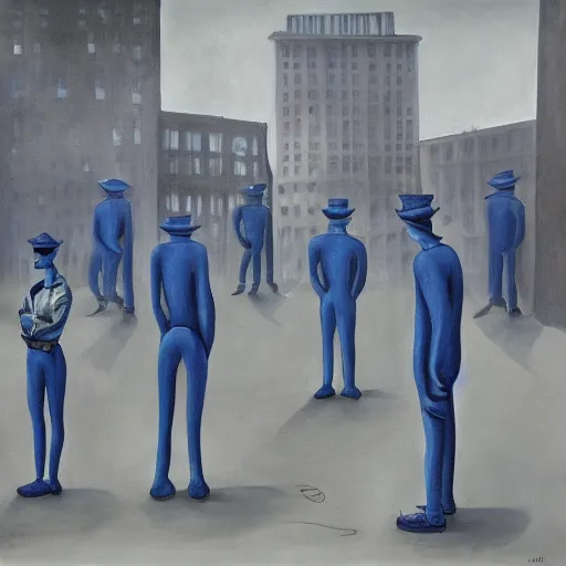 Image similar to by charles addams, by meredith marsone, by alice rahon blue man group, shikki kaleidoscopic, dreary. the body art of a police station in the lithuanian city of vilnius. in the foreground, a group of policemen are standing in front of the building, while in the background a busy street can be seen.