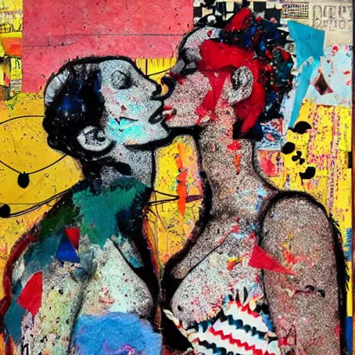 Prompt: two dream women kissing at a carnival made of love, mixed media collage, retro, paper collage, magazine collage, acrylic paint splatters, bauhaus, abstract claymation, layered paper art, sapphic visual poetry expressing the utmost of desires by jackson pollock