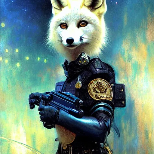 Prompt: portrait of a female white fox in a police uniform. shadowrun furaffiniy cyberpunk fantasy highly detailed painting by gaston bussiere craig mullins jc leyendecker gustav klimt artgerm greg rutkowski john berkey, bergey, craig mullins, ruan jia, raymond swanland, jeremy mann, tom lovell, alex malveda