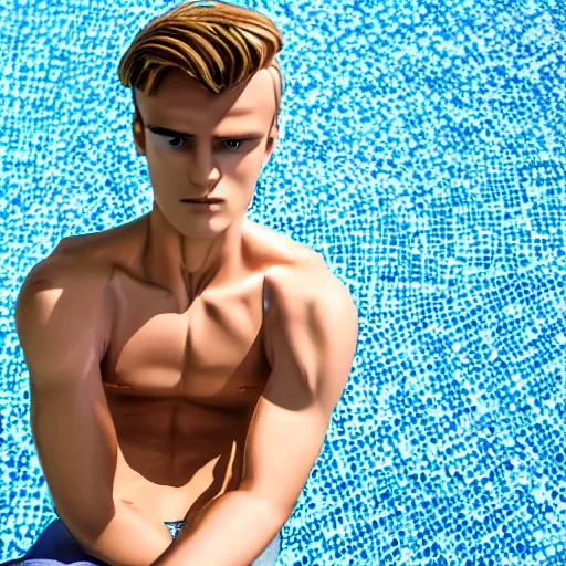 Image similar to a realistic detailed photo of a guy who is an attractive humanoid who is half robot and half humanoid, who is a male android, soccer player martin ødegaard, shiny skin, posing like a statue, blank stare, by the pool, on display, showing off his muscles, mannequin stand
