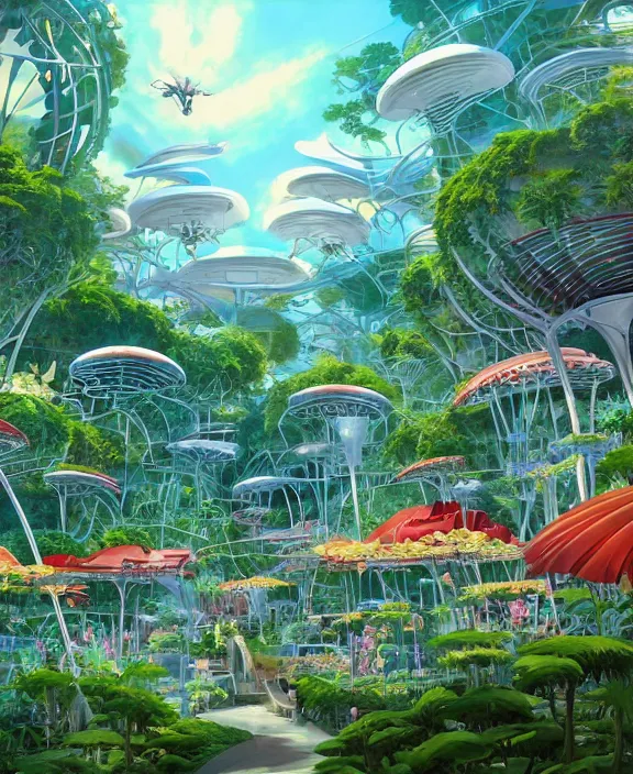 Image similar to simplicity, elegance, an amusement park made out of predatory organic creatures, in the style of a streamlined asymmetrical spaceship, overgrown with orchids, partly cloudy, sun - drenched, by dan mumford, yusuke murata, makoto shinkai, ross tran, cinematic, unreal engine, cel shaded, featured on artstation, pixiv