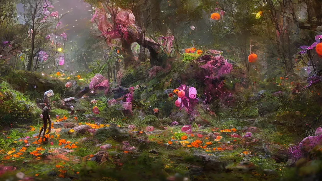 Image similar to candy forest, cinematic scene, studio lighting, low poly, colorful, fantasy, fireflies, flowers, halloween, fairytale, ( matte painting, concept art, medium shot, trending on artstation )