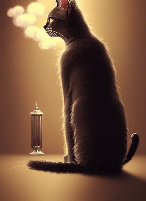 Image similar to a cat thinking about what he had done, vases slowly falling on on the ground, realistic smoke and explosions, elegant, highly detailed, digital illustration, trending in artstation, trending in pinterest, glamor photo, concept art, smooth, sharp focus, art by artgerm and greg rutkowski