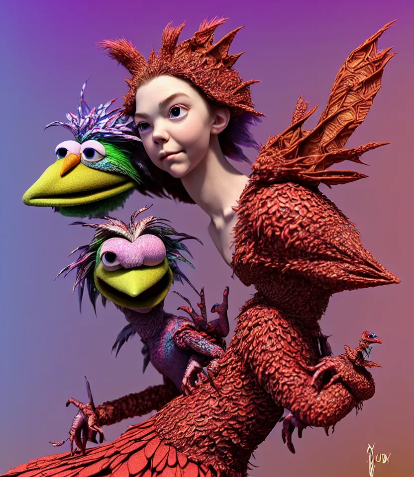 Image similar to hyper detailed 3d render like a Oil painting - kawaii portrait of hopeful lovers hugging tight or kissing pecking adorably Aurora (a beautiful girl skeksis muppet fae princess protective playful expressive acrobatic from dark crystal that looks like Anya Taylor-Joy) seen red carpet photoshoot in UVIVF posing in scaly dress to Eat of the Strangling network of yellowcake aerochrome and milky Fruit and His delicate Hands hold of gossamer polyp blossoms bring iridescent fungal flowers whose spores black the foolish stars by Jacek Yerka, Ilya Kuvshinov, Mariusz Lewandowski, Houdini algorithmic generative render, golen ratio, Abstract brush strokes, Masterpiece, Edward Hopper and James Gilleard, Zdzislaw Beksinski, Mark Ryden, Wolfgang Lettl, hints of Yayoi Kasuma and Dr. Seuss, Grant Wood, octane render, 8k