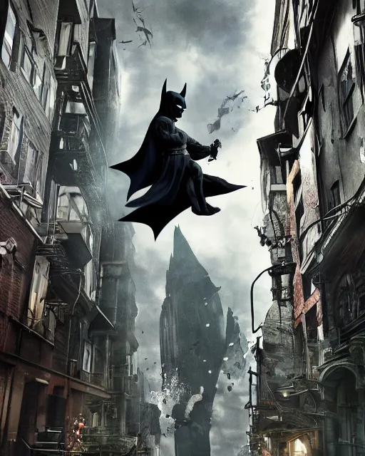 Image similar to epic action still of baby yoda wearing batman outfit as batman hanging upside - down from building in atmospheric alleyway in the style of batman the dark knight rises, 8 k backlit