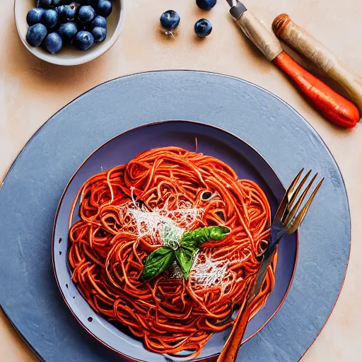 Prompt: spaghetti [ made with [ blueberry noodles ]!! ], trending on unsplash, [ 4 k photorealism ]!!, professional photography, [ overhead view ]!, shot by jimmy nelson