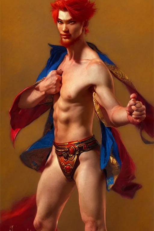 Image similar to male, fighter with magic power, red hair, character design, ming dynasty, colorful, painting by gaston bussiere, craig mullins, j. c. leyendecker, tom of finland