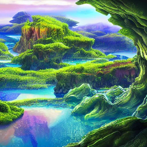 Image similar to digital painting of a lush natural scene on an alien planet by masatake shiyouji. digital render. detailed. beautiful landscape. colourful weird vegetation. cliffs and water.