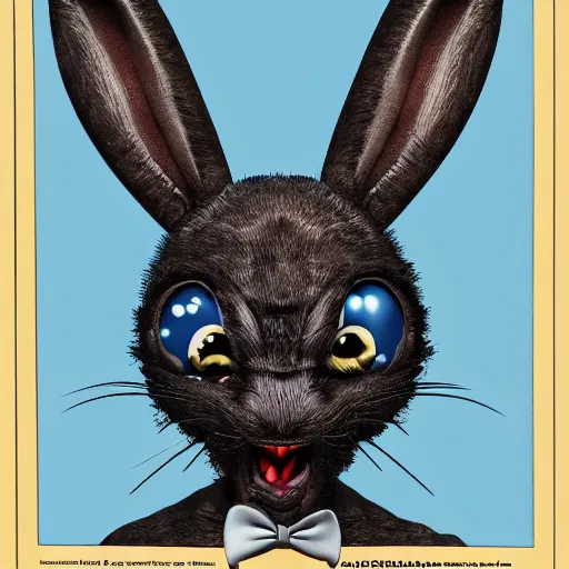 Image similar to A extremely highly detailed majestic hi-res beautiful, highly detailed head and shoulders portrait of a scary terrifying, horrifying, creepy black cartoon rabbit with scary big eyes, earing a shirt laughing, let's be friends, in the style of Walt Disney