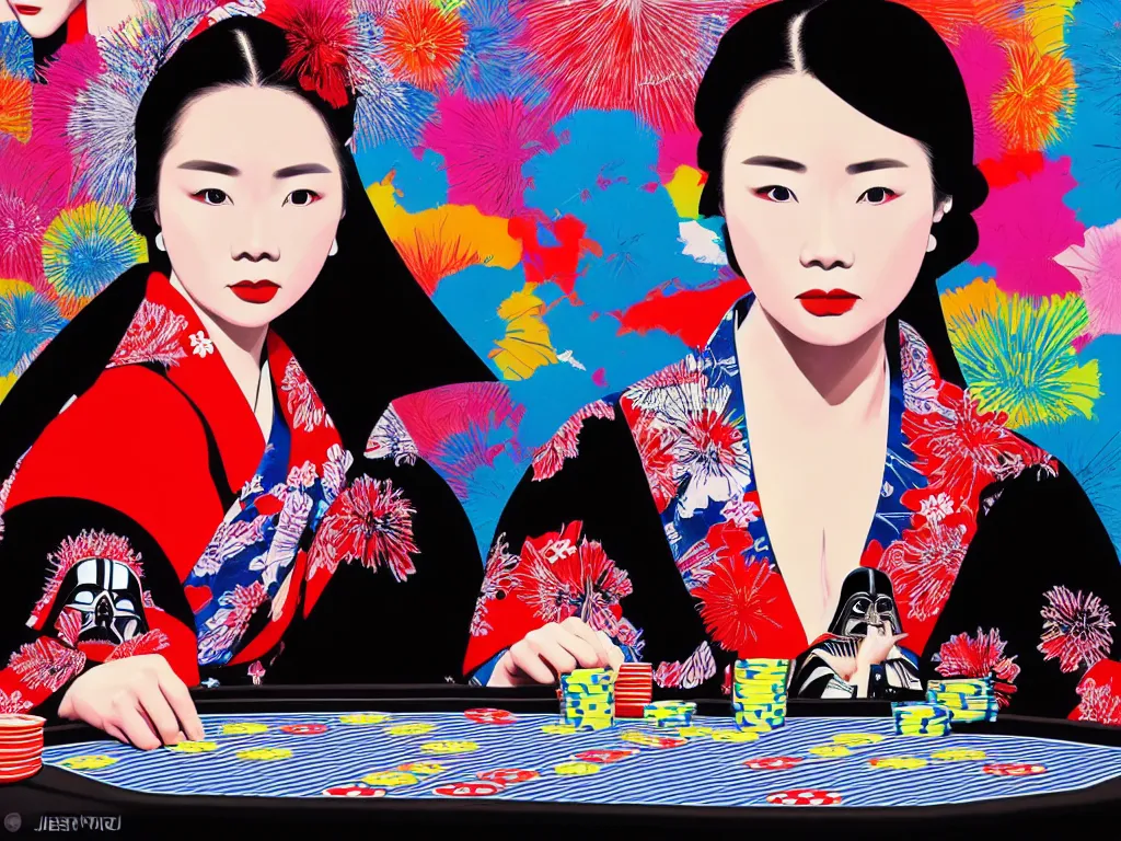 Image similar to hyperrealistic composition of the detailed woman in a japanese kimono sitting at a poker table with detailed darth vader, fireworks, beautiful mountain in the background, pop - art style, jacky tsai style, andy warhol style, acrylic on canvas