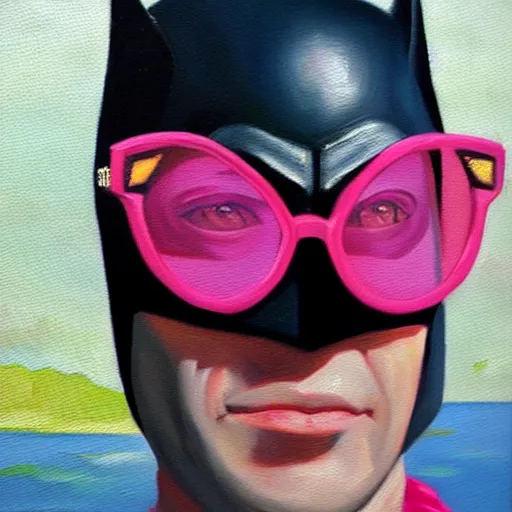 Prompt: Batman wearing pink sunglasses oil painting of Sebastian Murphy