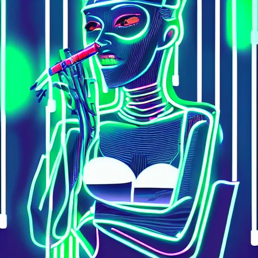 Prompt: illustration artwork of a cybernetic metal woman holding an electronic cigarette while standing in a futuristic neon colored city at night