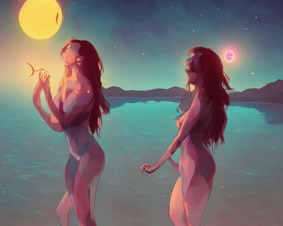 Prompt: beautiful sultry girl standing in a lake basking in the moonlight, casting a spell, under a multi-colored binary blackhole with an accretion disc, glowing trails following her arms, wearing professional makeup, synthwave, by Lois van Baarle, by Greg Rutkowski, by artgerm, by beeple, by studio ghibli, cinematic angle, volumetric lighting, 4k resolution, octane render, trending on artstation, masterpiece