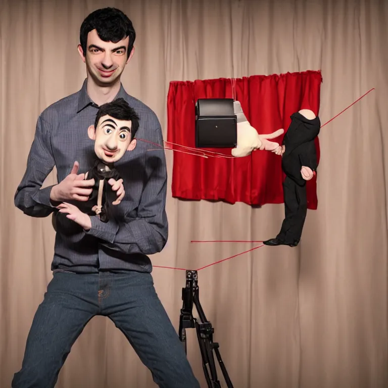 Prompt: dslr photograph of nathan fielder from nathan for you on comedy central behind a puppet stage with a red curtain as multiple marionette puppets controlled by hands holding the strings, high detail!!! 8 k photorealism sharp focus volumetric lighting, coherent!!! art directed