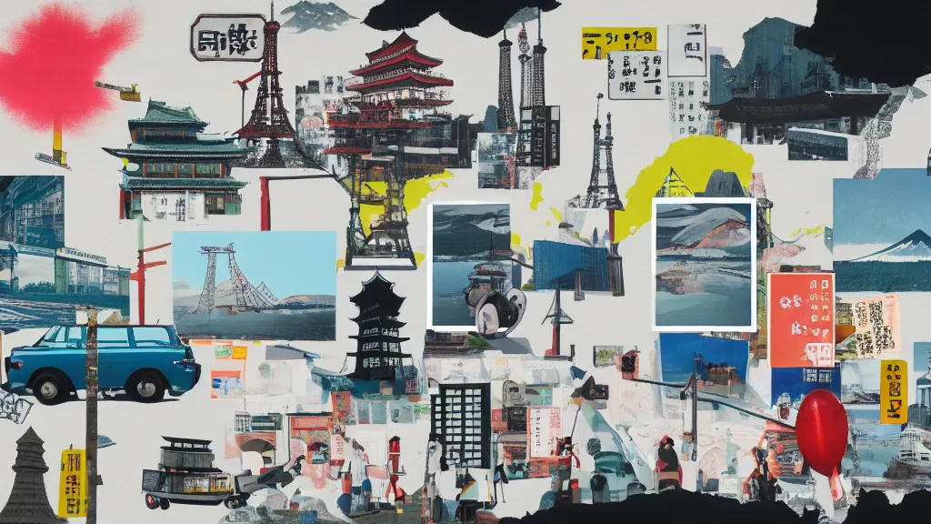 Image similar to an arrangement of sightseeing traveller props, japan, a collage painting, in the style of wes anderson, lola dupre, david hockney, isolated on negative white space background dark monochrome neon spraypaint accents volumetric octane render