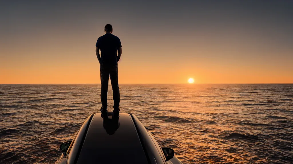 Image similar to a movie still of a man standing on the roof of a car driving through the ocean at sunset, golden hour