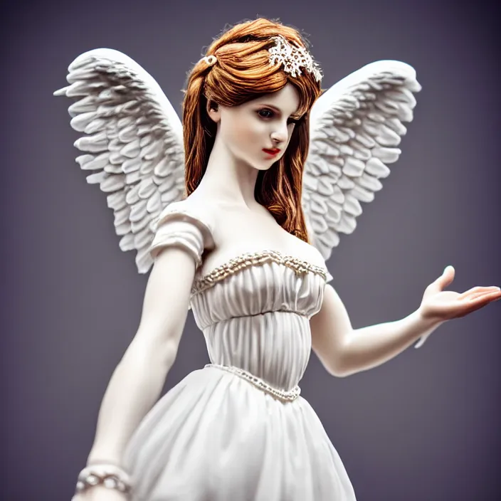 Prompt: photograph of a real-life beautiful angelic woman with ornate white dress . Extremely detailed. 8k