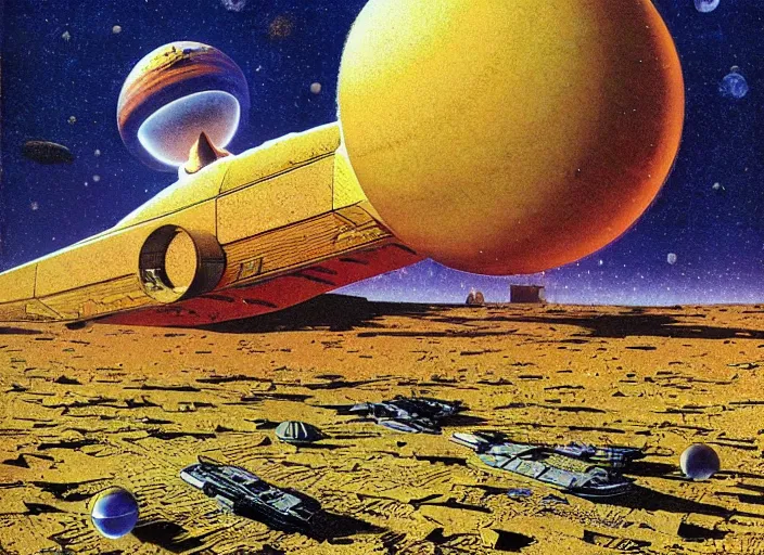 Image similar to a huge vividly - coloured spacecraft in an empty landscape by dean ellis, peter elson, chris foss, david a hardy, angus mckie, bruce pennington, 1 9 8 0 s retro sci - fi art