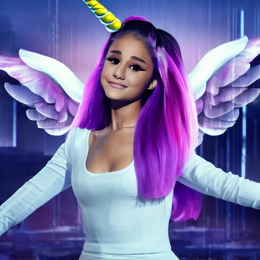 Image similar to ariana grande as a ceo flying a unicorn, cyberpunk, photography, realistic,