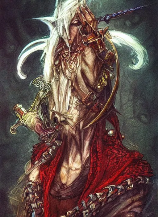 Image similar to portrait of one eyed wizard, beautiful! coherent! dungeons and dragons character, by brian froud, strong line, deep color, chainmail, short red hair, high contrast