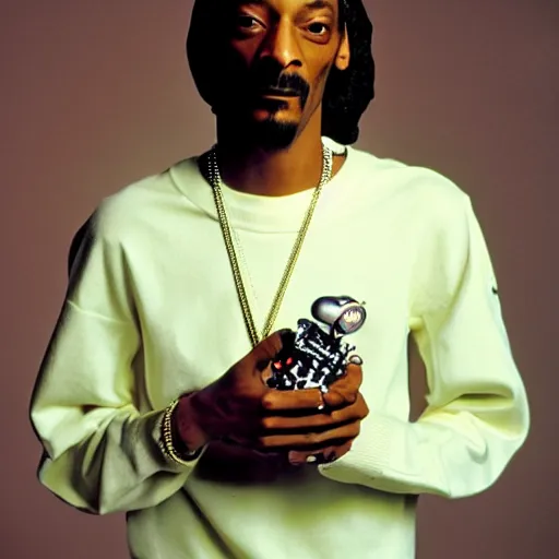 Prompt: Snoop Dogg holding a robot for a 1990s sitcom tv show, Studio Photograph, portrait, C 12.0