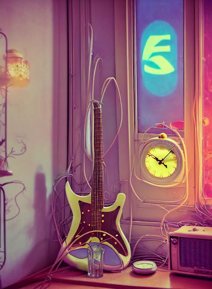 Image similar to telephoto 7 0 mm f / 2. 8 iso 2 0 0 photograph depicting the feeling of chrysalism in a cosy safe cluttered french sci - fi art nouveau cyberpunk apartment in a pastel dreamstate art cinema style. ( electric guitar ) ( ( fish tank ) ) ( ( clock ) ), ambient light.