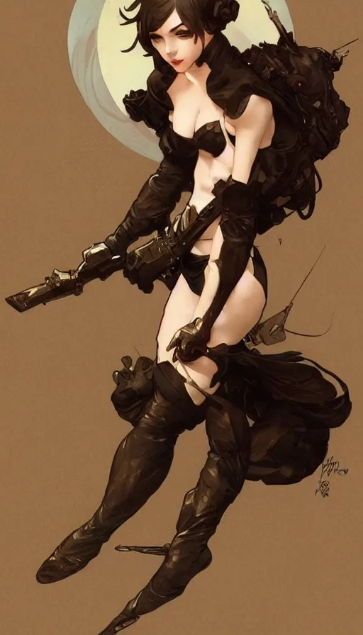 Image similar to 2 b in a cute pinup pose by artgerm, greg rutkowski and alphonse mucha, concept art, matte, intricate, full body, epic composition