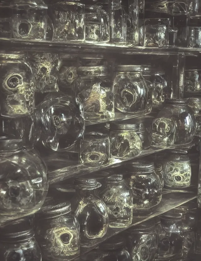 Prompt: “Close-up of several glass jars filled with human eyeballs on the shelf of library in a victorian mansion. Artstation. Detailed photograph. Cinematic lighting.”