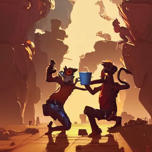 Image similar to cartoon monkeys drinking coffee, behance hd artstation by jesper ejsing, by rhads, makoto shinkai and lois van baarle, ilya kuvshinov, ossdraws, that looks like it is from borderlands and by feng zhu and loish and laurie greasley, victo ngai, andreas rocha