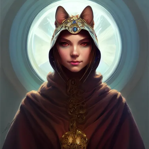 Image similar to portrait of cat wizard wearing a hood, face, fantasy, intricate, elegant, highly detailed, digital painting, artstation, concept art, smooth, sharp focus, illustration, art by artgerm and greg rutkowski and alphonse mucha