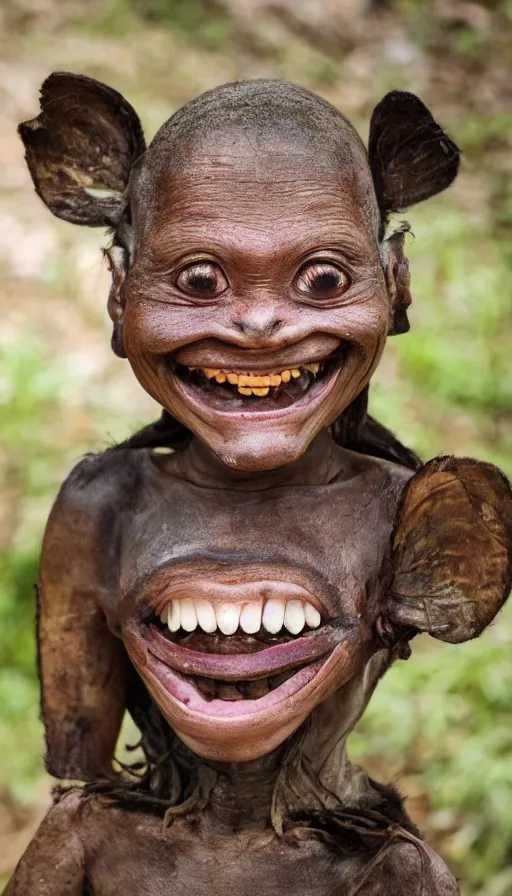 Prompt: portrait of smiling humanoid creature discovered on remote southeast asian island, national geographic, award winning photography