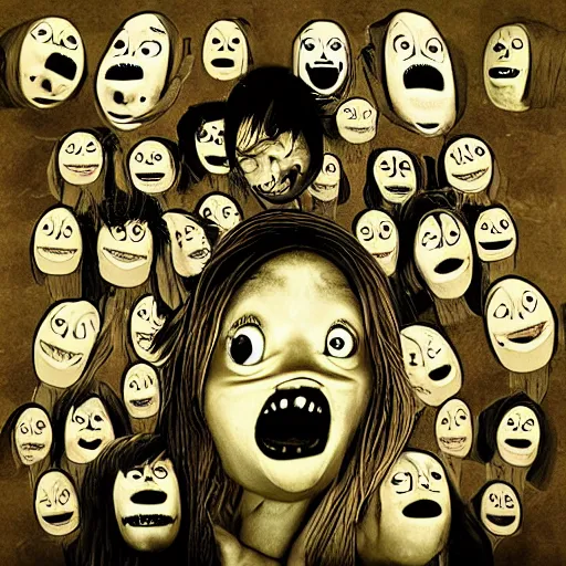 Image similar to a group of people with creepy faces and mouths, an album cover by arent arentsz, featured on deviantart, computer art, grotesque, fisheye lens, creepypasta