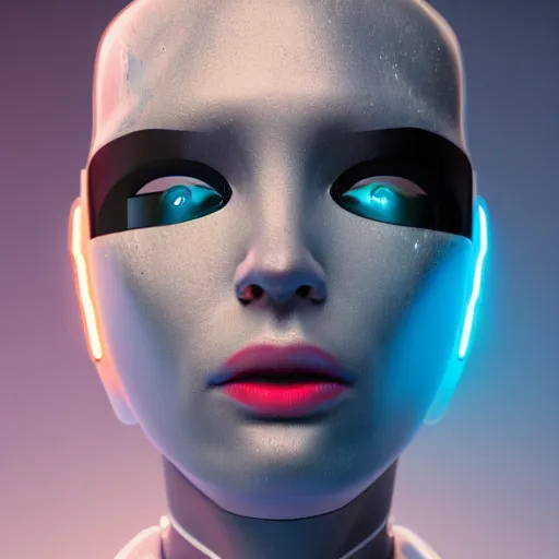 Image similar to a portrait of a female cyborg, fashion, streak lights, ligjt trail, color gel, photogtaphy, canon r 5, wide angle, white background, 3 d render, unreal engine, white suit, cyberpunk, futuristic