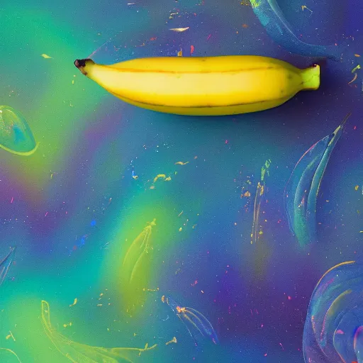 Image similar to friendly ripe smiling banana in a boat, background iridescent clouds