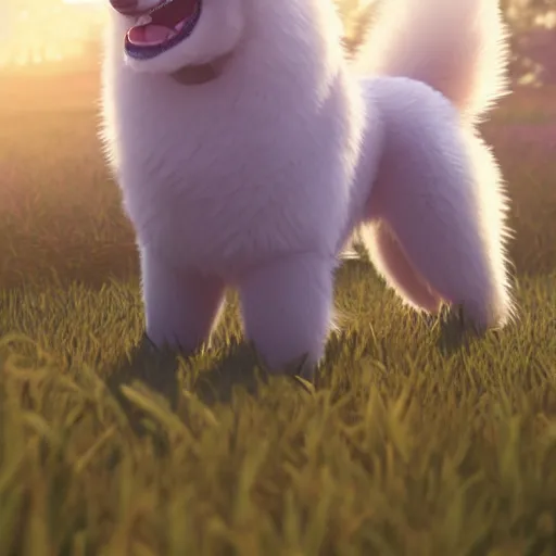 Prompt: a wholesome animation key shot of a samoyed dog in a field of grass, medium shot, studio ghibli, pixar and disney animation, sharp, rendered in unreal engine 5, anime key art by greg rutkowski, bloom, dramatic lighting