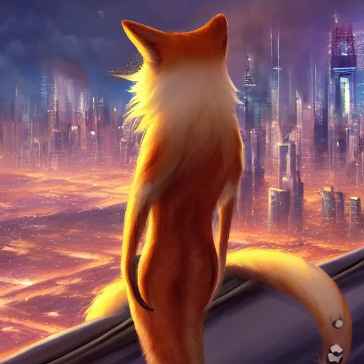 Image similar to an anthropomorphic fox with a fluffy tail staring over a futuristic city from the top of a roof, highly detailed, trending on furaffinity, cyberpunk, backlighting, cartoon