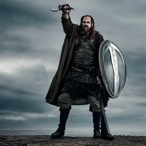 Prompt: Rory McCann as Logen Ninefingers, photo, wielding a sword and shield