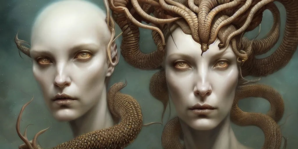 Image similar to ultra realistic, beautiful female gorgon moving through latent spaces in her head, in the style of peter mohrbacher by weta digital and beth cavener, high symmetry, intricate, elegant, evocative, masterpiece, award winning, high face symmetry, high realism