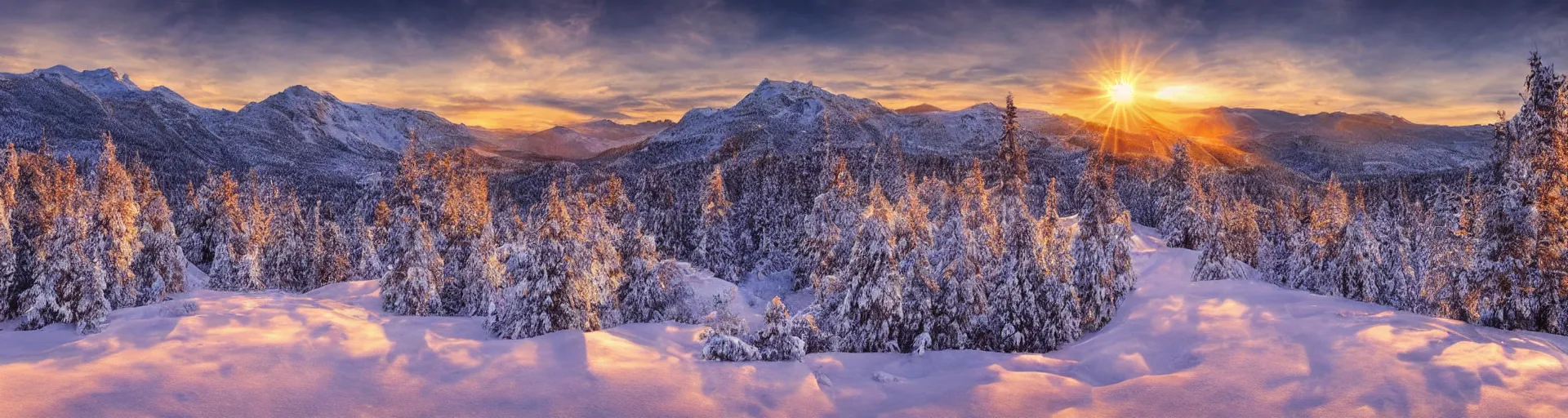 Prompt: beautiful snowy mountain landscape with a majestic sunrise and, art, high detail, high definition, photorealistic, hdr,