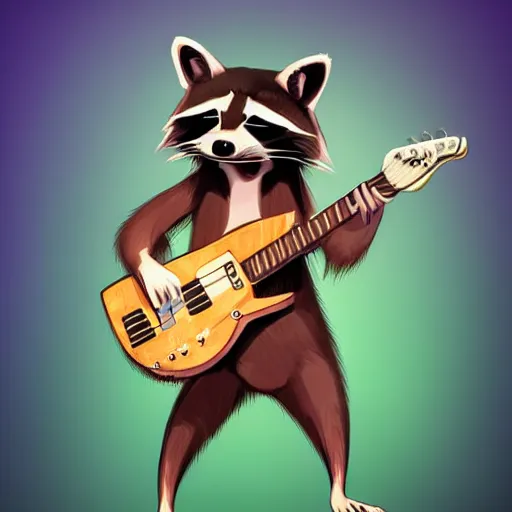 Image similar to a raccoon playing electric guitar, artstation, digital art