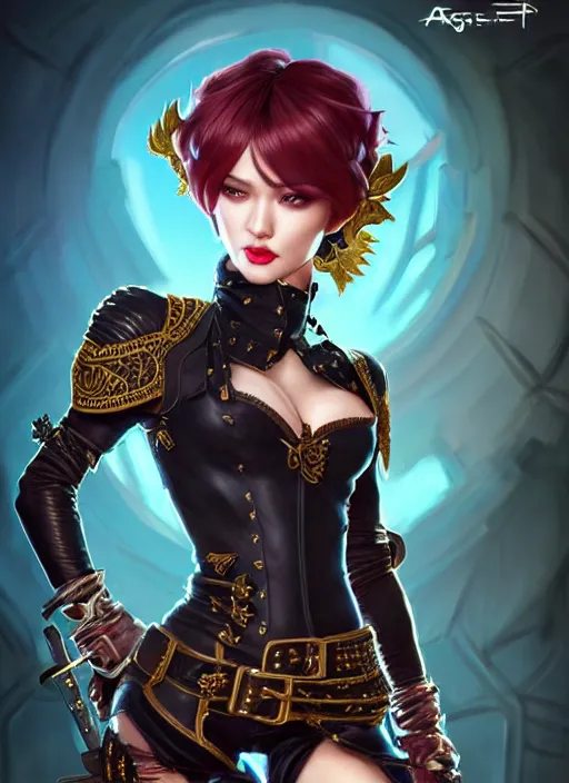 Prompt: rogue, fantasy ornate leather bandit outfit!!! close - up portrait beautiful and athletic short hair female!! gorgeous face and eyes!! character concept art, sharp focus, octane render! unreal engine 5! highly rendered!! trending on artstation!! detailed linework!! illustration by artgerm, wlop, and chie yoshii